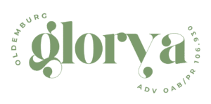 Logo Glorya Oldemburg - Advogada com fundo aberto e escrito em verde